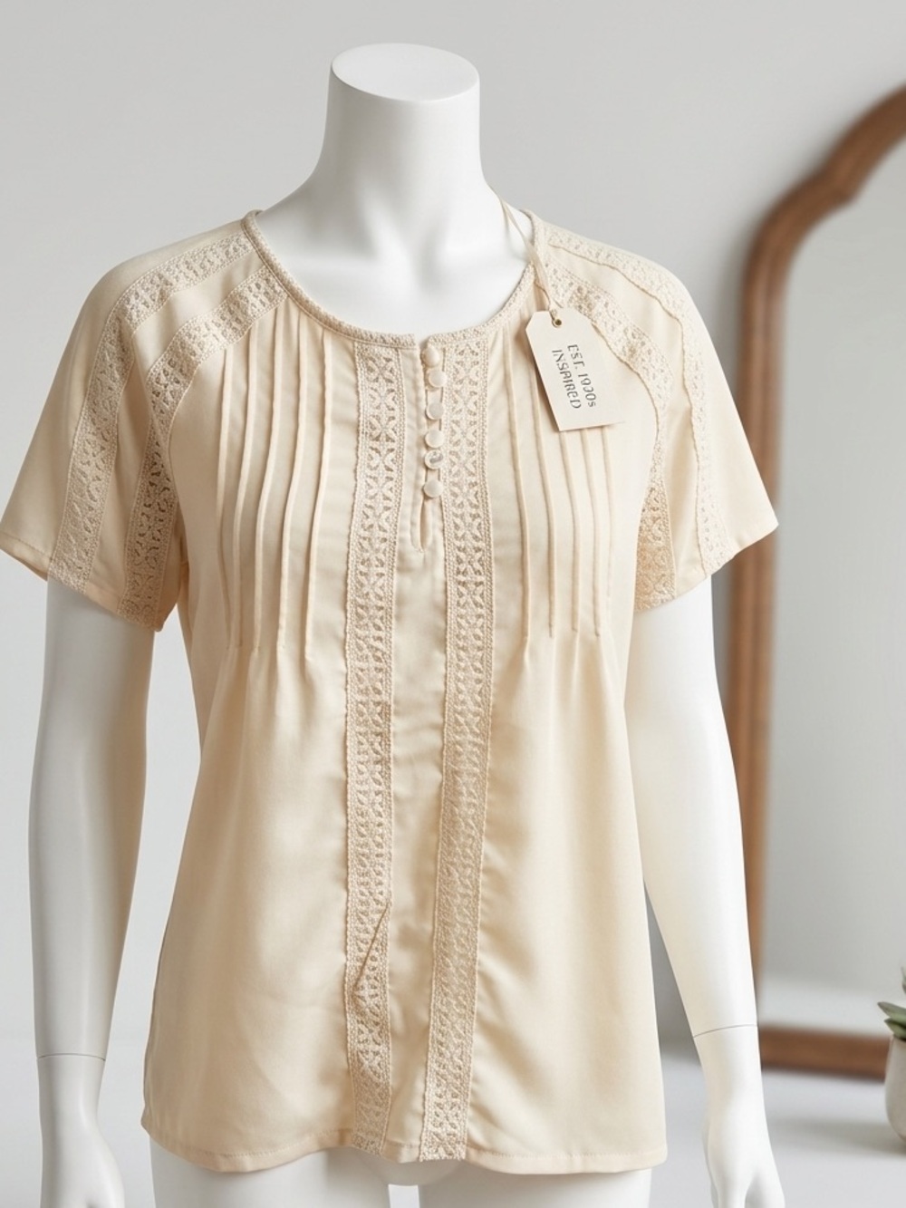 Ivory short sleeve crochet lace back top medium cream button shirt scoop neck